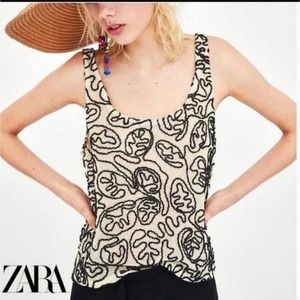 Zara Black & Cream Yarn Embroidered Meshnet Oversized Boxy Tank Top